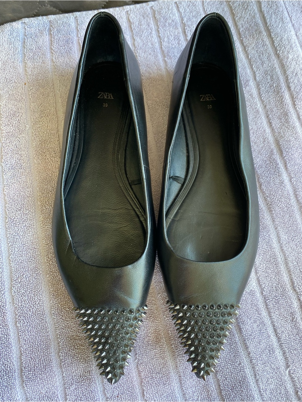 ZARA Black Leather Studded Spiked Pointed Toe Ballet Flats Size 39 Rocker 8